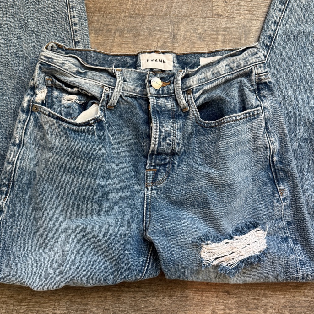 Frame Le Orginal Jeans High Rise Distressed Button Fly Cascade Blue Rips Size 25 - Picture 3 of 12